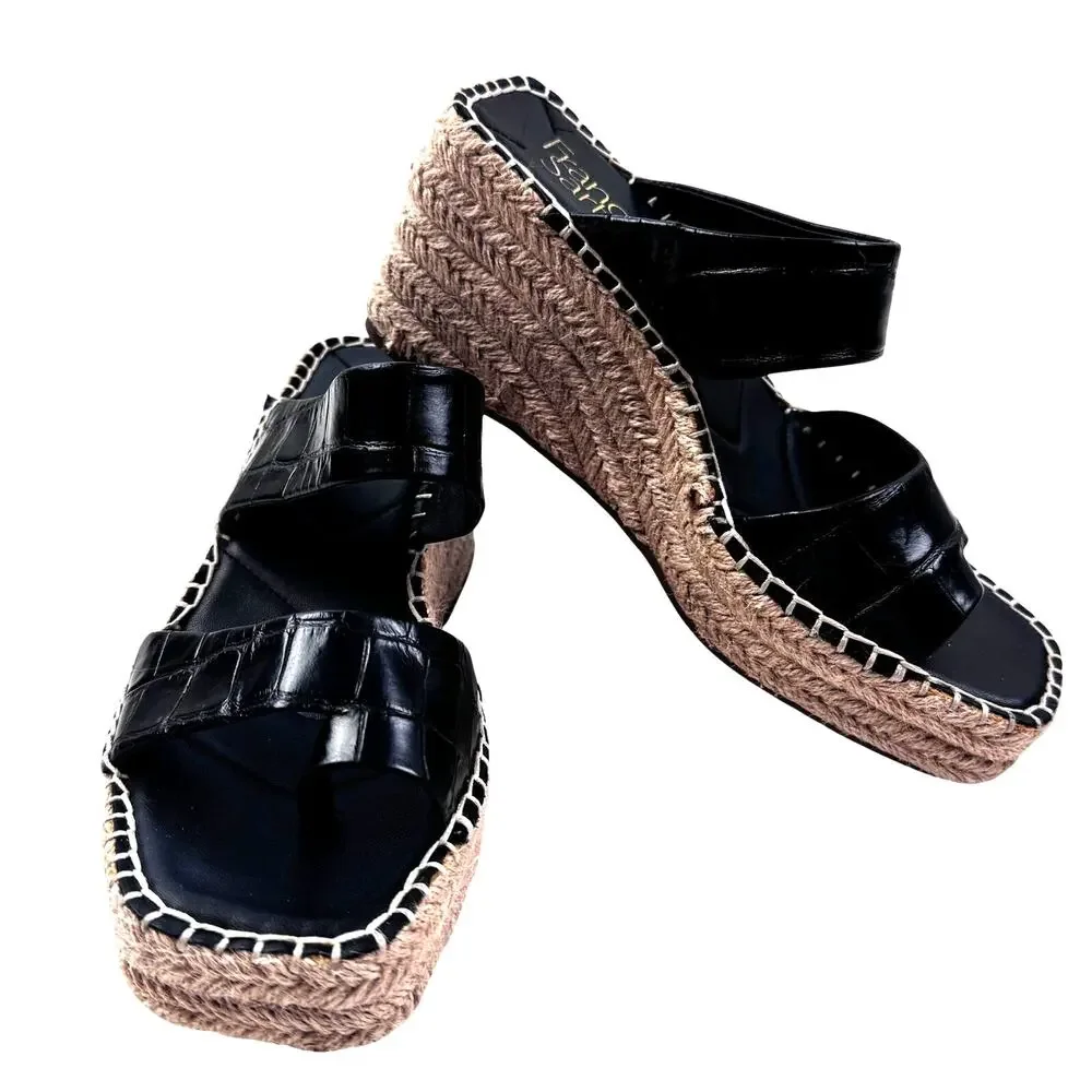 Franco Sarto Clave Black Croc Embossed Leather Wedge Sandals Women's Size 6.5